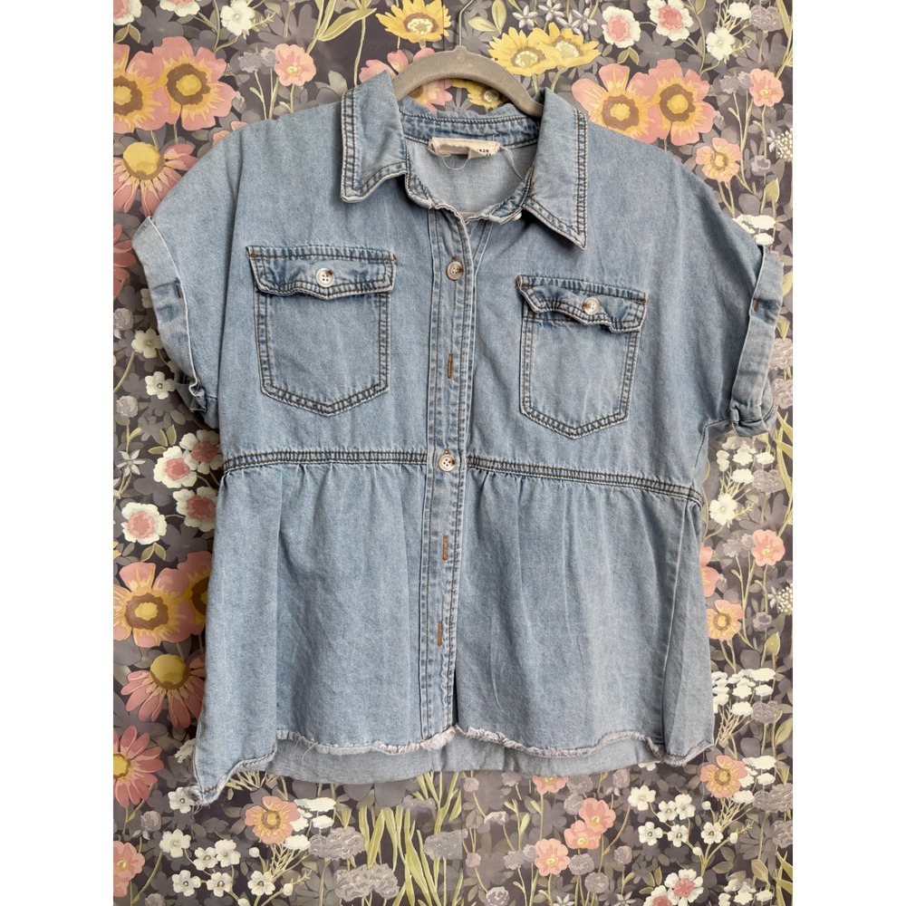 Savanna Jane Denim Peplum Shirt Button Front Short Sleeve Women Size S